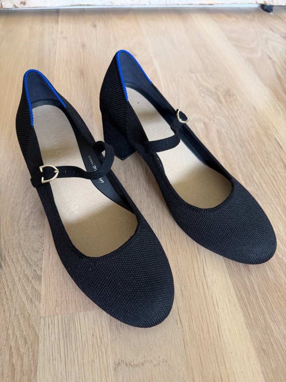 Rothy's Black Mary Jane Block Heels with Blue Trim and Heart Buckle